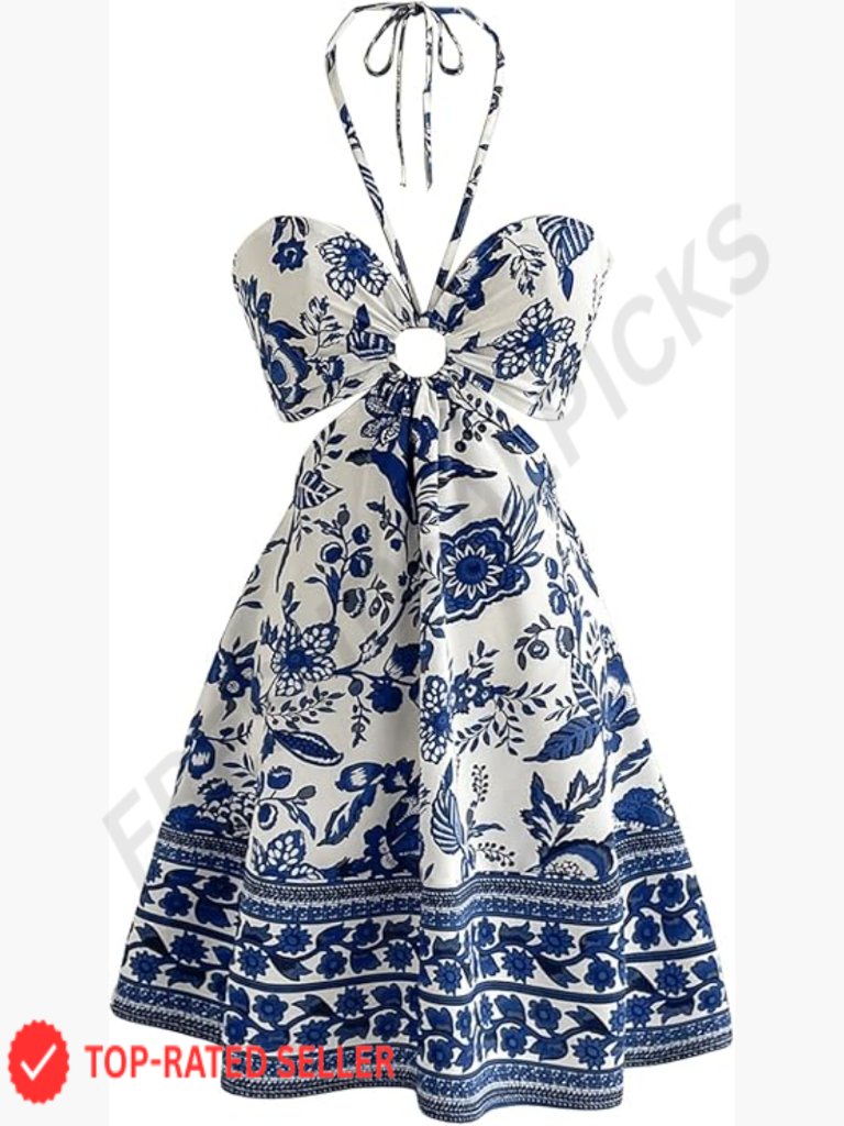 Floral Halter Neck Cut Out Boho Cami Dress Sleeveless Mini